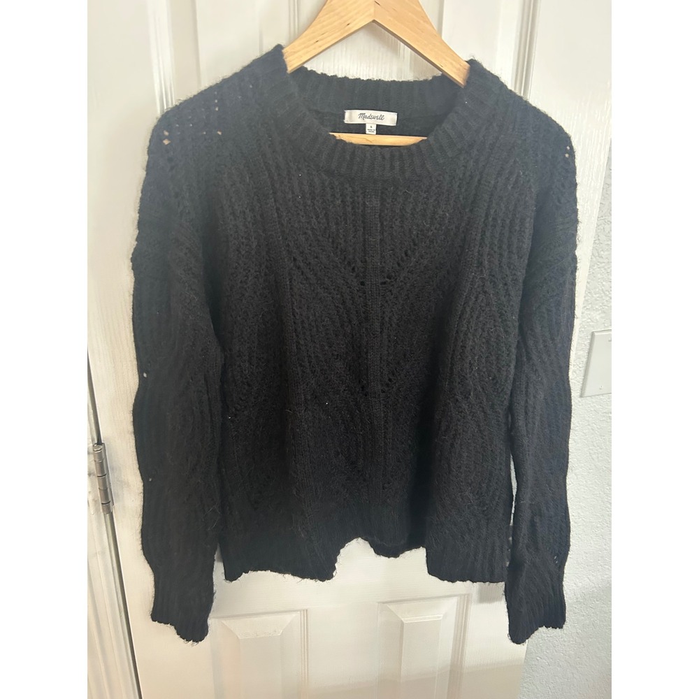 Madewell Black Alpaca Blend Pointelle Chevron Knit Crewneck Sweater Small